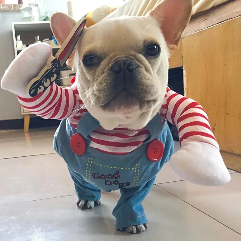 Disfraz halloween perro muneco asesino cuchillo espuma mascota divertido