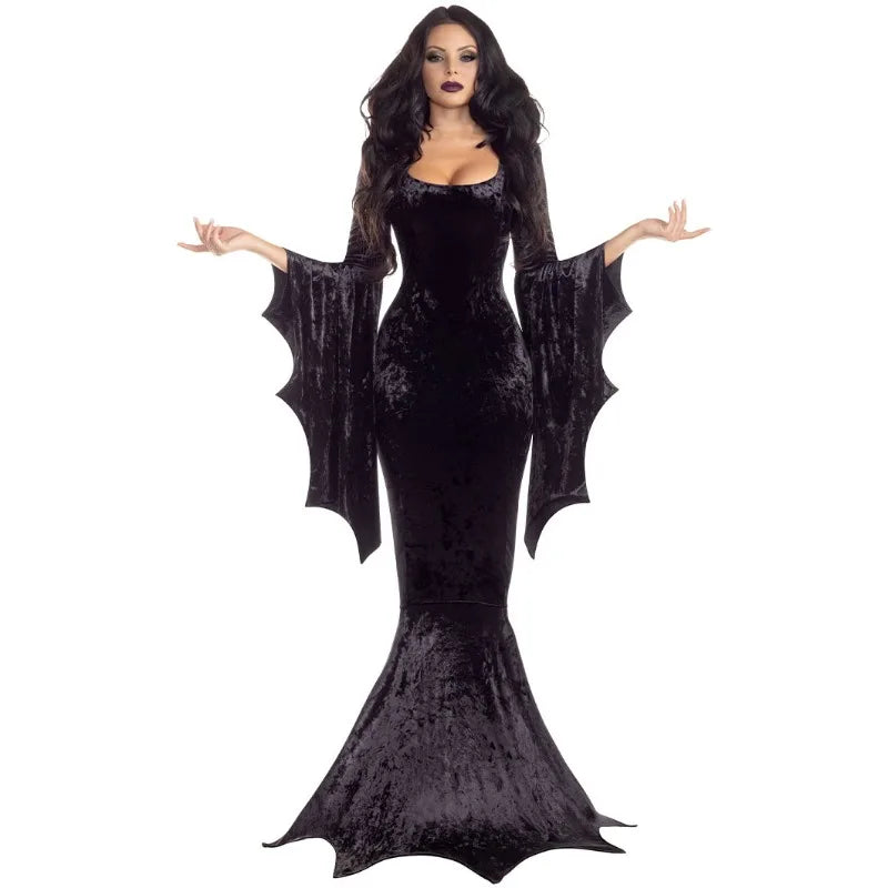 Disfraz morticia addams halloween vestido largo gotico con cola mujer