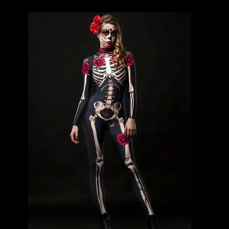 Disfraz catrina novia cadaver halloween mujer mono esqueleto con rosas - Vista 2