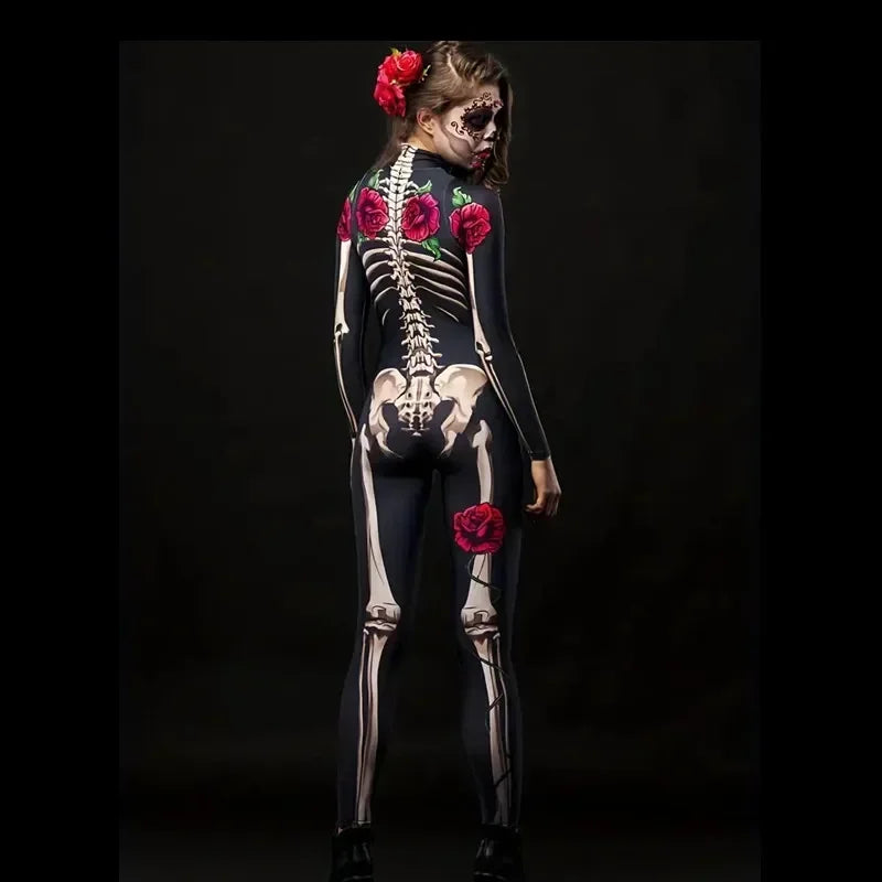 Disfraz catrina novia cadaver halloween mujer mono esqueleto con rosas - Vista 7