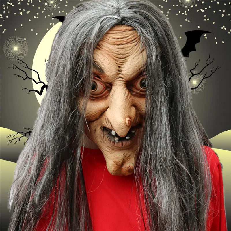 Mascara latex bruja vieja halloween con pelo largo y arrugas realista - Vista 2
