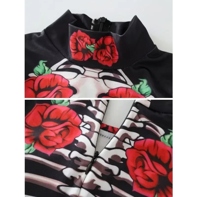 Disfraz catrina novia cadaver halloween mujer mono esqueleto con rosas - Vista 4