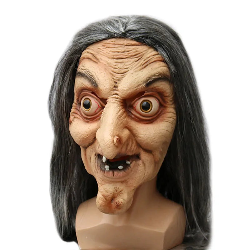 Mascara latex bruja vieja halloween con pelo largo y arrugas realista - Vista 4