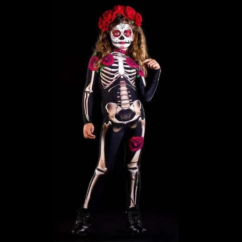 Disfraz catrina novia cadaver halloween mujer mono esqueleto con rosas