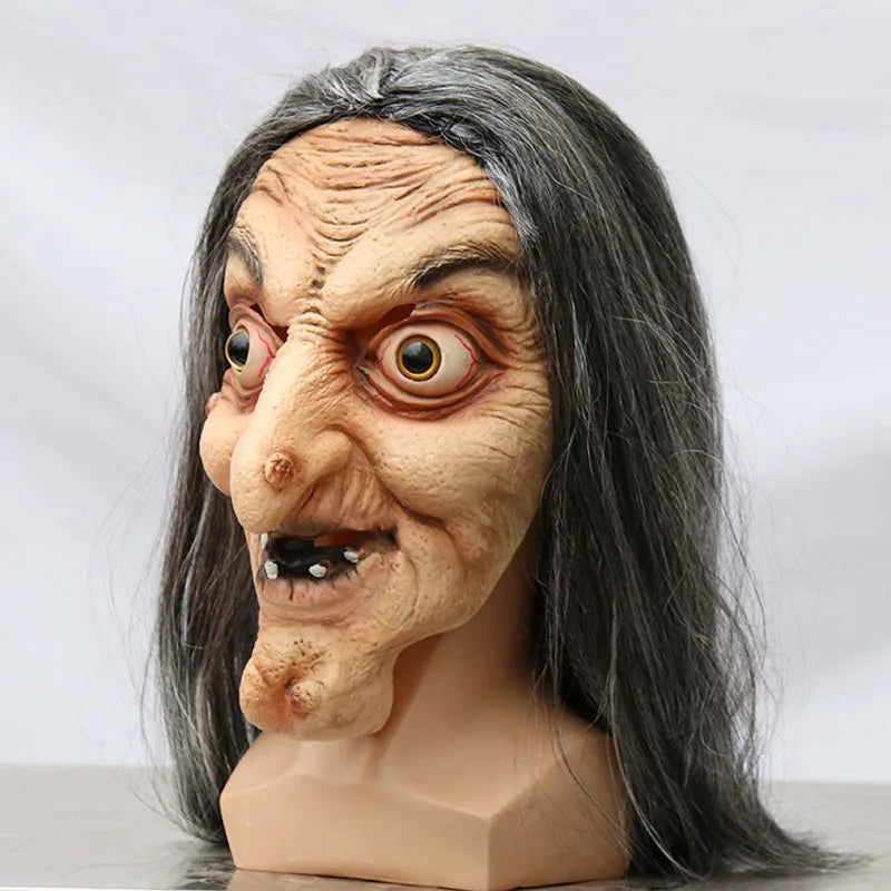 Mascara latex bruja vieja halloween con pelo largo y arrugas realista - Vista 5