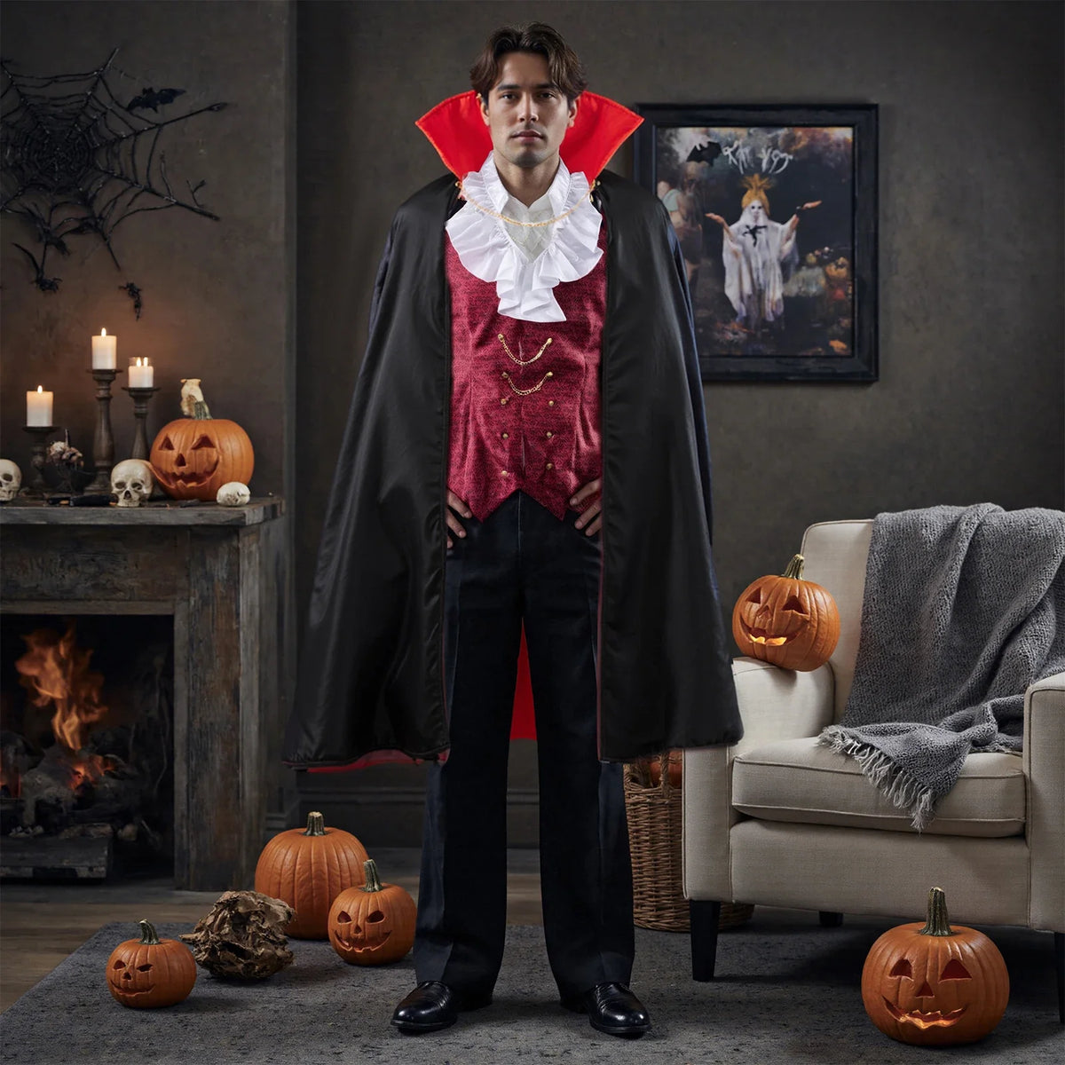 Disfraz vampiro conde adulto halloween con capa y chaleco aristocrata - Vista 2