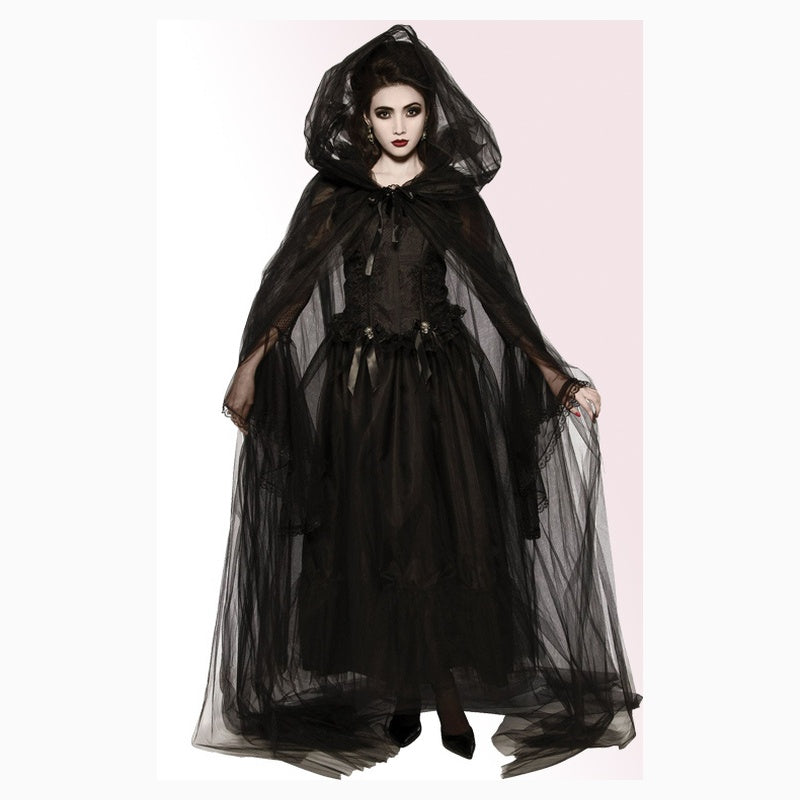 Disfraz vampiresa gotica mujer halloween con capucha y velo negro