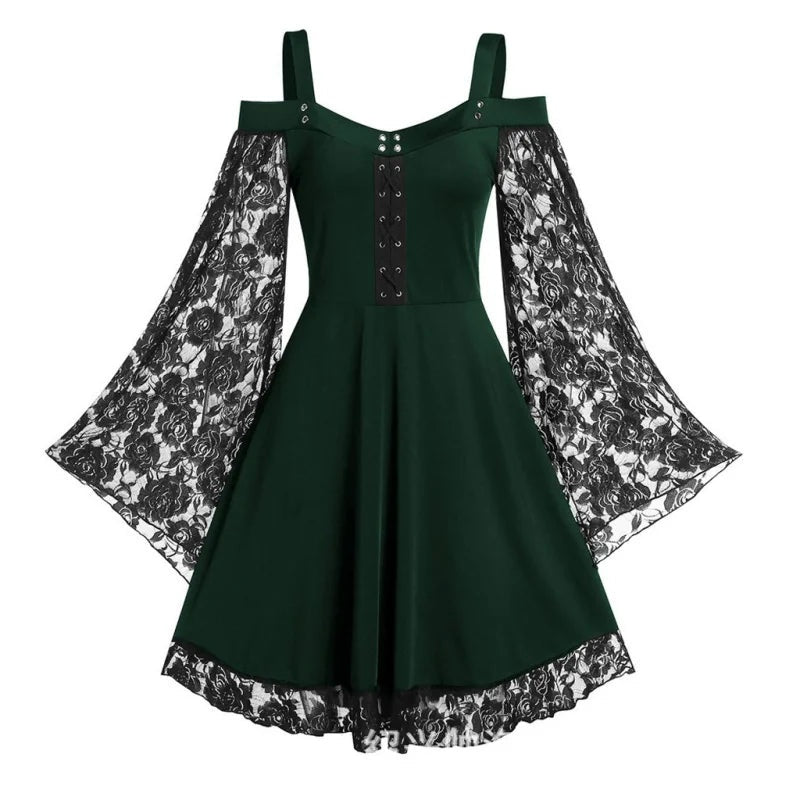 Vestido medieval mujer halloween epoca con encaje y mangas acampanadas